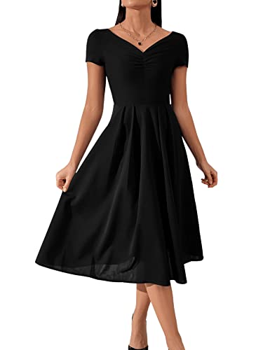 SheIn Damen Kleid Elegant Sommerkleid V Neck Faltenkleid A Linie Partykleid Vintage Rockbillty Freizeitkleid Knielang Kleider Schwarz M