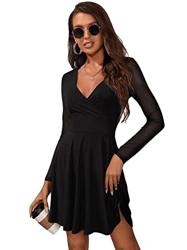 SheIn Damen Netz Ärmel Kleider A Linie Tief V-Ausschnitt Elegant Minikleid Mesh Partykleid Skaterkleid Hohe Taille Langarmkleid Schwarz M