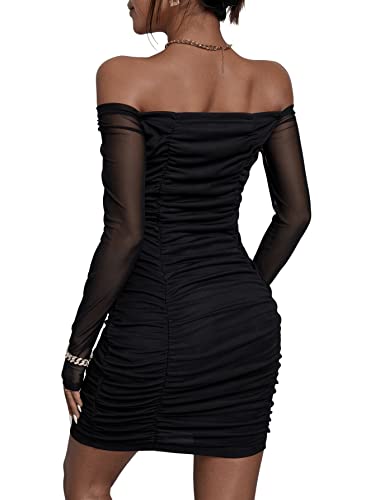 SheIn Damen Figurbetontes Kleid Schulterfrei Minikleid Bodycon Partykleid Mesh-Ärmel Bleistiftkleid Schwarz M