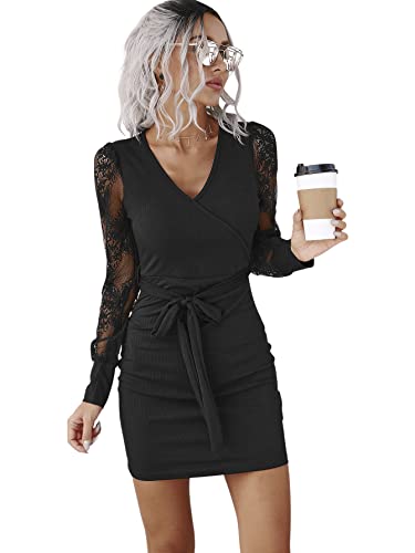 SheIn Damen Spitzen Ärmel Kleid mit Gürtel Hohe Taille Bleistiftkleid Halloween Spitzenkleid Partykleid Bodycon Minikleid Elegant Langarmkleid Schwarz M