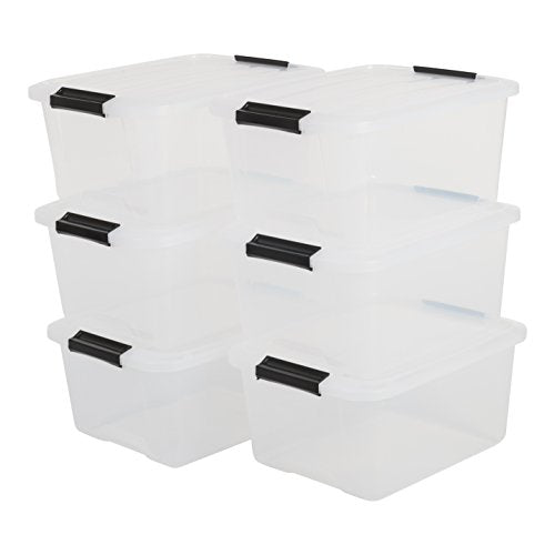 Iris Ohyama, 6er-Set, Aufbewahrungsboxen, 15 L, mit Clips, stapelbar, Wohnzimmer, Schlafzimmer, Garage - Top Box TB-15 - Transparent