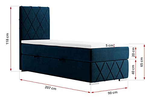 MKS MEBLE Boxspringbett 90x200 - Doppelbett - Polsterbett mit Multipocket-Matratze und Topper - Stauraumbett mit Matratzenauflagen - Marineblau ROYAL