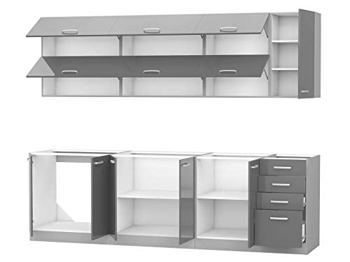 Küche Multiline IV, 260 cm Küchenblock/Küchenzeile mit Arbeitsplatte und Spühlbecken, 7 Schrank-Module frei kombinierbar (Grau/Weiß Hochglanz; mit LED Beleuchtung)