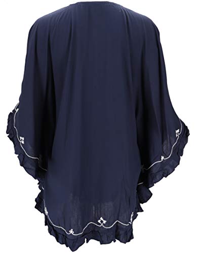 GURU SHOP Bestickter Hippie Poncho, Tunika, Kaftan, Strandkleid, Maxi Größe, Damen, Nachtblau, Synthetisch, Size:One Size, Blusen & Tunikas Alternative Bekleidung