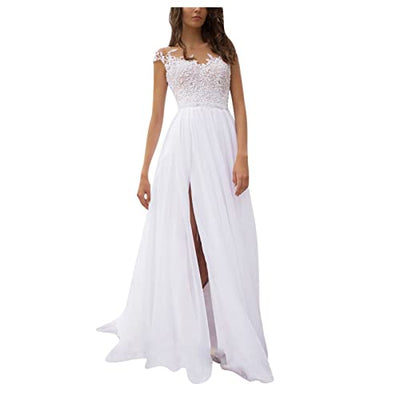 Damen Elegant Hochzeitskleid Spitze Chiffon V-Ausschnitt Abendkleid Brautkleid Kleid Spitzenkleid Split Hochzeitskleid Lange Sommerkleider für Frauen Casual Sommer, weiß, L