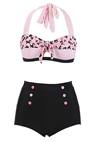 LA ORCHID Laorchid high Waist Bikini Badeanzug bauchweg Damen Zweiteiler bademode Bikini Set Push up Strandmode Neckholder Beachwear Rosa Leopard S