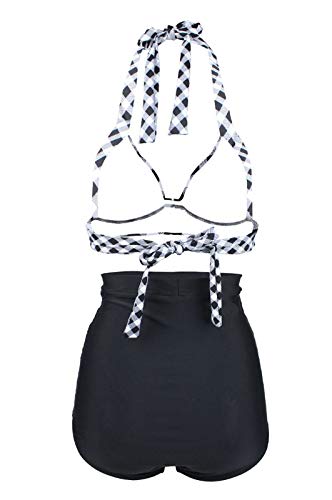 LA ORCHID Laorchid Damen Bandeau Bikini Set sexy high Waist bademode Push up Badeanzug gepolstert Retro Neckholder Tankini Kariert Schwarz & Weiss XXXL