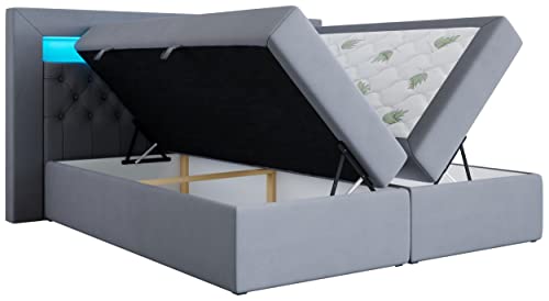 MKS MEBLE Boxspringbett - Doppelbett mit Multipocket-Matratze und Topper - Polsterbett mit Bettkasten - Stauraumbett - Gold 6 180x200 - H3 Grau