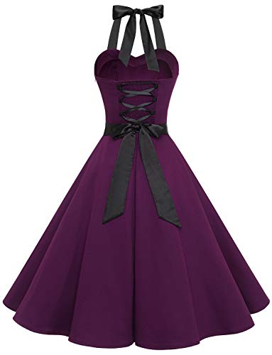 Dressystar Damen Vintage 1950er Retro Cocktailkleid Rockabilly Neckholder Faltenrock Swing Kleider Grape M