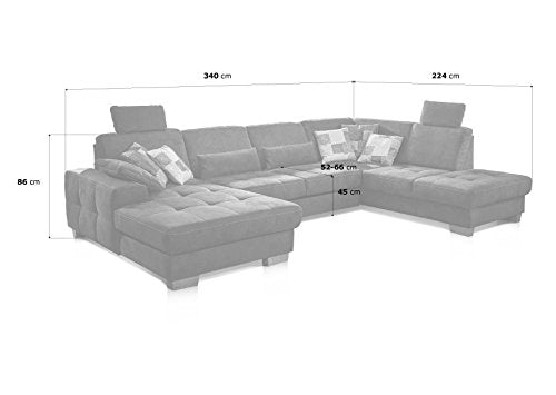 CAVADORE Wohnlandschaft Puccino mit Federkern, Sitztiefenverstellung und 2 Kopfstützen / Sofa in U-Form im Landhausstil / 340 x 86 x 224 cm / Mikrofaser grau