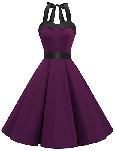 Dressystar Damen Vintage 1950er Retro Cocktailkleid Rockabilly Neckholder Faltenrock Swing Kleider Grape M