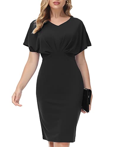 JASAMBAC Damen Fledermausärmel Bodycon Kleid V-Ausschnitt plissiert hohe Taille Hüftrock Business klassisch lässig Midi Kleider