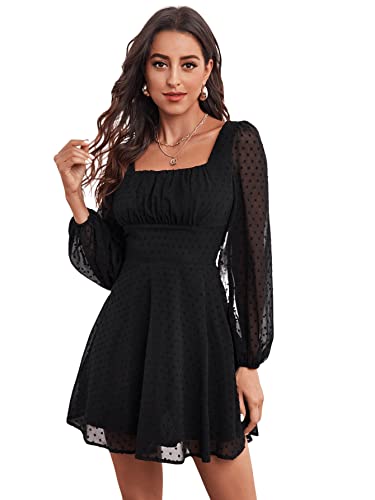 SheIn Damen Bishop Ärmel Minikleid A-Linie Kleider Elegant Hohe Taille Langarm Freizeitkleid Schwarz L