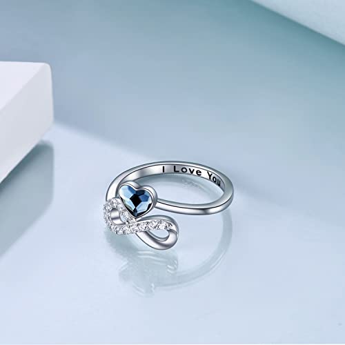 Toupop Unendlichkeit Ringe Für Damen 925 Sterling Silber Ringe Für Frauen Ich liebe dich Ring mit blauen Kristall Schmuck Geschenke Für Frauen Weißgold Überzogene Einstellbare Ring für Mädchen Mama