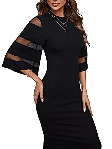 SheIn Damen Figurbetontes Kleid 3/4 Arm Mesh Midikleid Bodycon Partykleid Stehkragen Volant Ärmel Knielang Kleider mit Schlitz Schwarz S