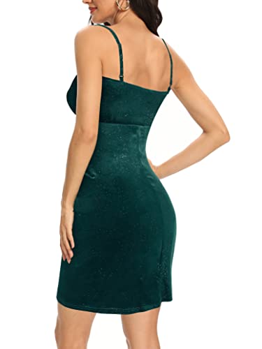 Laughido Ärmellos Spaghet Titräger Bodycon SamtKleid Damen Partykleid Abendkleid Wickel V-Ausschnitt Geraffte Glitzer Cocktailkleid (Dunkelgrün, Klein)