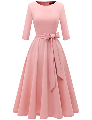 DRESSTELLS Damen Cocktail Kleider für Damen Vintage Retro Kleid 3/4 Arm Rundasuschnitt Festliches Kleid Blush L