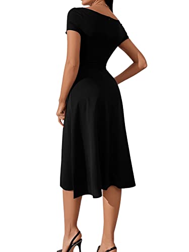 SheIn Damen Kleid Elegant Sommerkleid V Neck Faltenkleid A Linie Partykleid Vintage Rockbillty Freizeitkleid Knielang Kleider Schwarz M