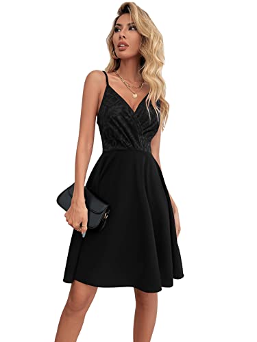 SheIn Damen A-Linie Ärmellos Kleider Knielang Spitzenkleid V-Nack Spaghettiträger Partykleid Schwarz S