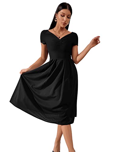 SheIn Damen Kleid Elegant Sommerkleid V Neck Faltenkleid A Linie Partykleid Vintage Rockbillty Freizeitkleid Knielang Kleider Schwarz M