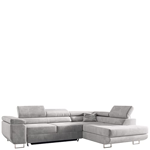 MKS MEBLE Ecksofa Wohnzimmer - Wohnlandschaft - L-Form Couch mit Schlaffunktion - Bettsofa - Wohnzimmer L Couch - Polstersofa mit Bettkasten - Gustaw Hellgrau