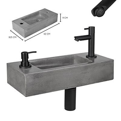 Differnz Jax Waschbecken klein - Handwaschbecken Beton Grau - Armaturen Matt Schwarz - Seifenspender - Wasserhahn Rechts - Waschtisch - 42 x 18.5 x 9 cm