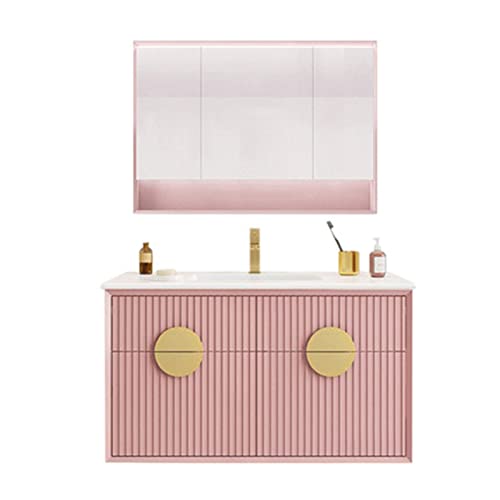 Meresysid Badezimmer Waschtisch Waschbecken Kombination moderner rosa Speicherschrank mit Schubladen und Spiegelschrank Einzelhahn Keramik Waschbecken und Arbeitsplatte großer Stauraum