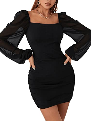 SheIn Damen Netz Ärmel Kleider Bodycon Bleistiftkleid Minikleid Sexy Mesh Partykleid Figurbetont Langarmkleid Schwarz S