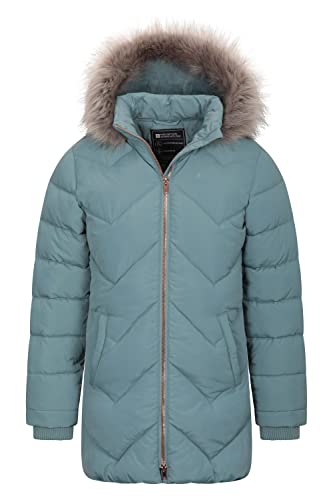 Mountain Warehouse Galaxy gefütterte, gepolsterte Fleece-Kinderjacke – wasserdichte Winter Steppjacke für Mädchen & Jungen, Kapuze aus Kunstfell, Longline Blaugrün 7-8 Jahre