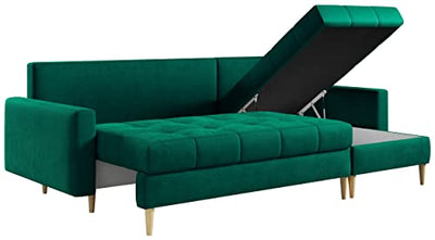 MKS MEBLE Ecksofa Wohnzimmer - Wohnlandschaft - L-Form Couch mit Schlaffunktion - Bettsofa - Wohnzimmer L Couch - Polstersofa mit Bettkasten - Astra Dunkelgrün