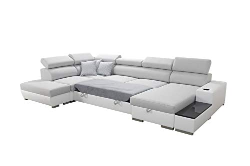 Wohnlandschaft Ecksofa Picanto mit Schlaffunktion Bettkasten Groß XXL Big Sofa Gewebe Kunstleder Grau Schwarz Blau Lila U-Form 26 (Links, Sawana 14 + Ekj 5)