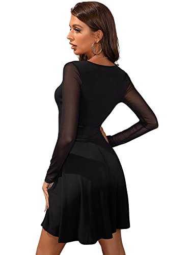 SheIn Damen Netz Ärmel Kleider A Linie Tief V-Ausschnitt Elegant Minikleid Mesh Partykleid Skaterkleid Hohe Taille Langarmkleid Schwarz M