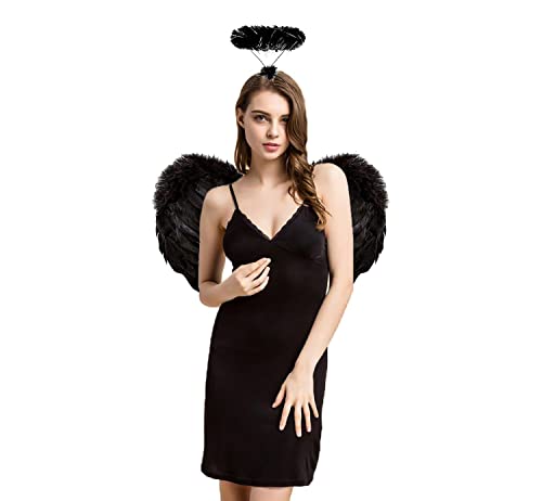 Singtis Schwarz Flügel, Engel Kostüm Damen, Flügel Schwarz und Heiligenschein, Teufel Kostüm Damen, Schwarze Flügel Groß, Wings Costume für Kostümparty Halloween Verkleidung, + 1x Teufelshörner