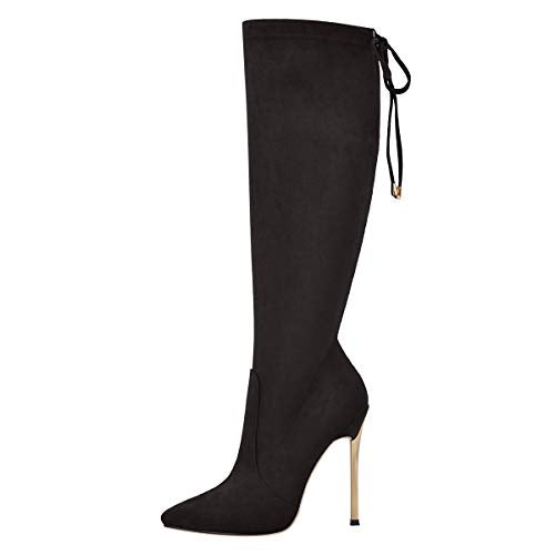 MissHeel Damen Langschaft Stiefel mit Stiletto Absatz Spitze Winter Schuhe Veloursleder Schwarz EU 37