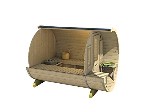 FinnTherm Fass-Sauna Sam, unbehandelt/Natur, inkl. Holz-Ofen (18 kW), 40 mm Wandstärke (219,5 cm x 280 cm)