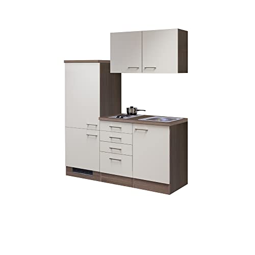 RIWAA - Singleküche BELFAST mit Elektro-Kochfeld und Kühlschrank Küche - 8-teilig - 160 cm - Creme Samtmatt/Eiche Dekor