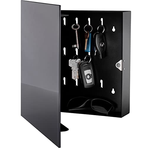 Schlüsselkasten modern mit Glas Magnettafel - Memoboard magnetisch mit 6 Magneten und Stift - Schlüsselschrank groß mit 20 Haken 33x33x6,8cm anthrazit