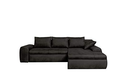 lifestyle4living Ecksofa mit Schlaffunktion und Bettkasten in Schwarz | Gemütliches Mikrofaser L-Sofa im Vintage-Look mit Stauraum inkl. 4 Rückenkissen