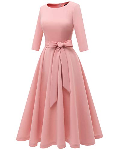 DRESSTELLS Damen Cocktail Kleider für Damen Vintage Retro Kleid 3/4 Arm Rundasuschnitt Festliches Kleid Blush L