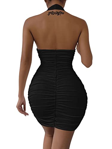 SheIn Damen Neckholder Kleider Ohne Ärmel Bodycon Minikleid Rückfrei Clubkleid Partykleid mit V-Ausschnitt Schwarz M