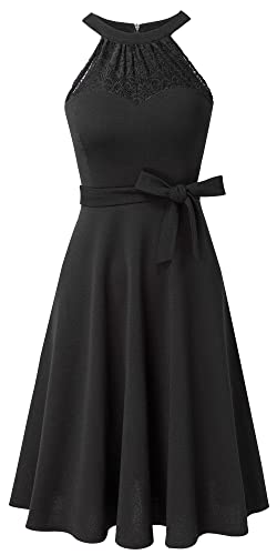 HOMEYEE Damen Vintage 50er Rockabilly Schulterfrei Bestickte Spitze Cocktailkleid A283 (M, Schwarz)