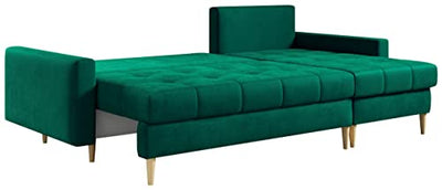 MKS MEBLE Ecksofa Wohnzimmer - Wohnlandschaft - L-Form Couch mit Schlaffunktion - Bettsofa - Wohnzimmer L Couch - Polstersofa mit Bettkasten - Astra Dunkelgrün