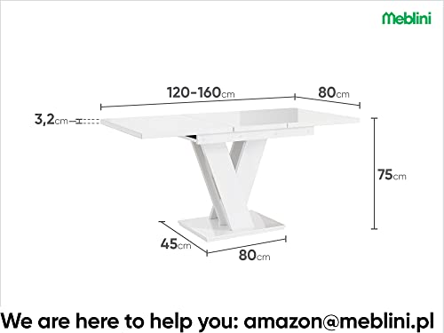 MEBLINI Esstisch Ausziehbar - Esszimmertisch Modern - Küchentisch - Säulentisch - Ausziehtisch - Dining Table - Esszimmertische - 120-160x80x75cm - MASIV - Weiß Hochglanz/Schwarz Hochglanz