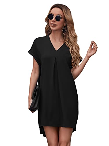 SheIn Damen Kleid Blusekleid High Low Kleider Asymmetrisch Kurz Tunikakleid Locker Sommer Freizeitkleid mit V-Ausschnitt Schwarz L