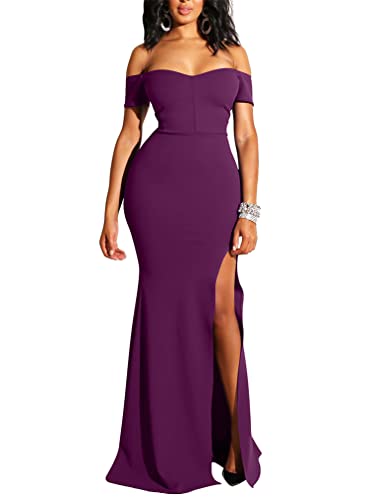 YMDUCH Damen Off Shoulder High Split Long Formal Party Kleid Abendkleid, violett, Mittel