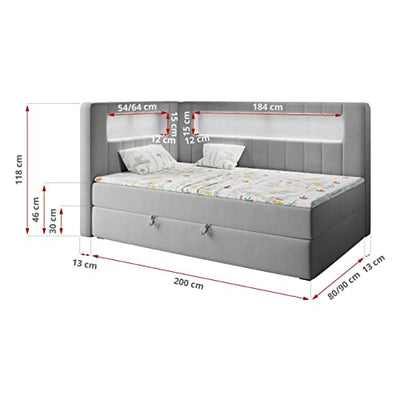 MKS MEBLE Kinderbett mit Led - Polsterbett Gold JUNIOR3 - Jugendbett Funktionsbett Led Bett Boxspringbetten für Kinderzimmer, Jugendzimmer - 90x200 Grau