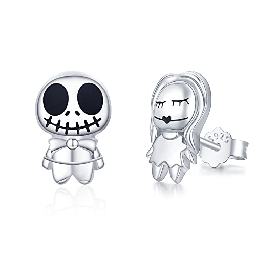 SOESON Totenkopf Ohrringe Weihnachtsohrringe,Jack Skellington und Sally Ohrringe 925 Sterling Silber Albtraum Vor Halloween Ohrringe Schmuck Geschenk für Ostergeschenke Damen