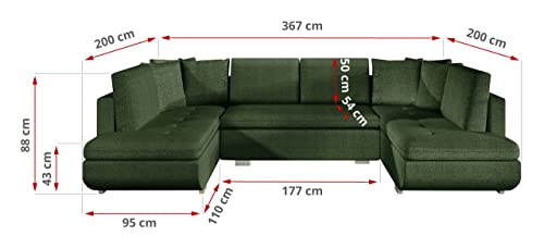 MKS MEBLE Ecksofa - U-Form Sofa Mit Schlaffunktion - Wohnlandschaft - Ausklappbar Bettsofa - Wohnzimmer U Couch - Polstersofa mit Bettkasten - Argent U - Grün Malmo