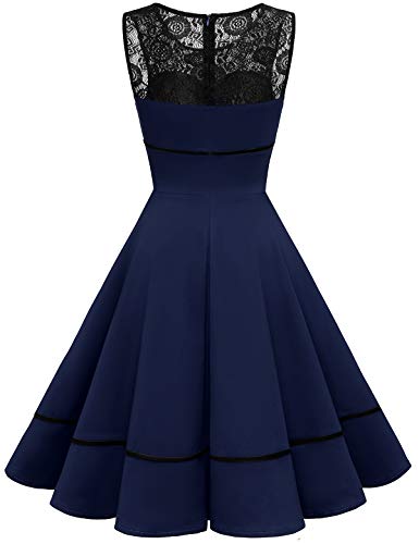 Bbonlinedress Rockabilly Kleider Damen Winterkleid Abendkleider elegant für Hochzeit Jugendweihe Kleider Spitzenkleid Vintage Kleider Cocktailkleid Konfirmationskleider Navy 3XL