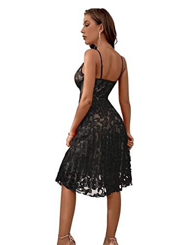 SheIn Damen Elegant Spitzenkleid Knielang A-Linie Plisseekleid Spaghettiträger Swing Cocktailkleid Ärmellos Faltenkleid Schwarz S